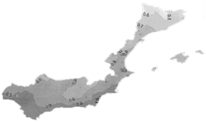 Figure 4. Mean values of the SIi (after Walsh and Lawler, 1981) for the study region for 1964-1993 Precipitation seasonality in eastern and southern coastal Spain