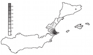 Fig. 2d. Precipitation composite of the atmospheric pattern group (d) southeastern disturbances aloft Role of orography in the spatial distribution of precipitation over the Spanish Mediterranean zone