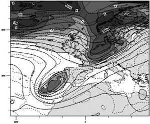 Fig. 3.a ECMWF analysis at 12 UTC on 27 September 2012: geopotential (solid lines, in gpm), temperature (dashed, in °C) at 500 hPa and potential vorticity (PVU, shaded). Potential of a probabilistic hydrometeorological forecasting approach for the 28 September 2012 extreme flash flood in Murcia, Spain